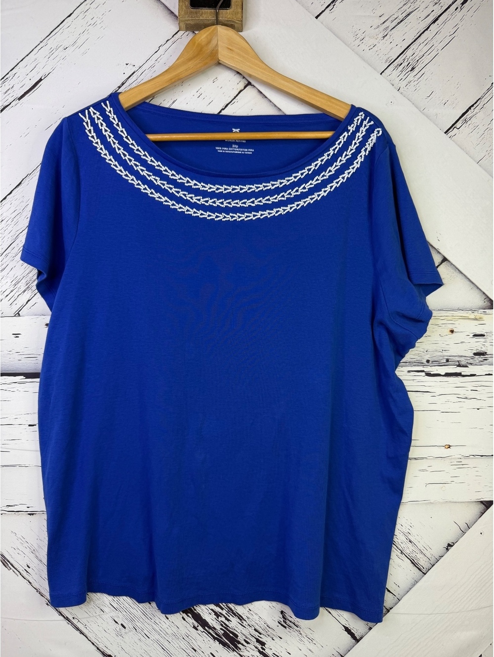 Talbots Royal Blue Pima Cotton Beaded Embroidered Scoop Neck Tee Top Women's 3X